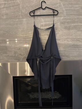 Women's Ribbed Deep V Wrap Dress in Slate Blue